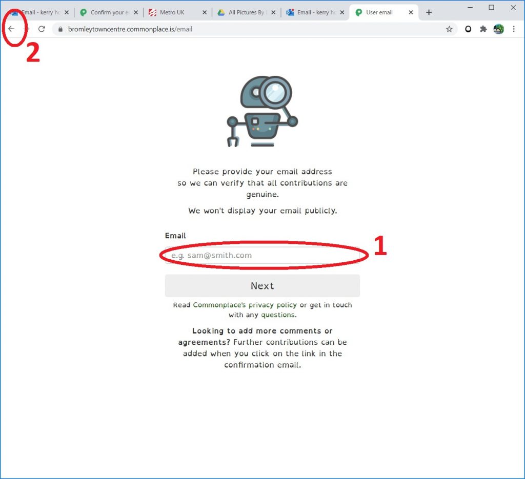 Step 5: Type in your email address, then press the ‘Back’, or <- arrow, until you return to the page, to carry on down the comments