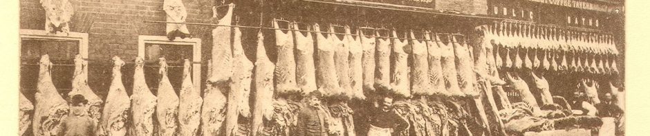 sepia picture of butchers with carcasses hung out for sale