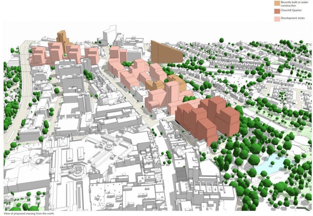 aerial diagram of high street with high-rises marching down the west side